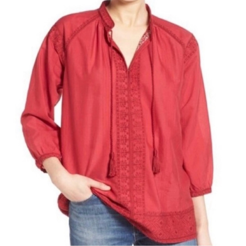 Madewell red Camelia Embroidered Tassel Tunic Size XS 100% cotton